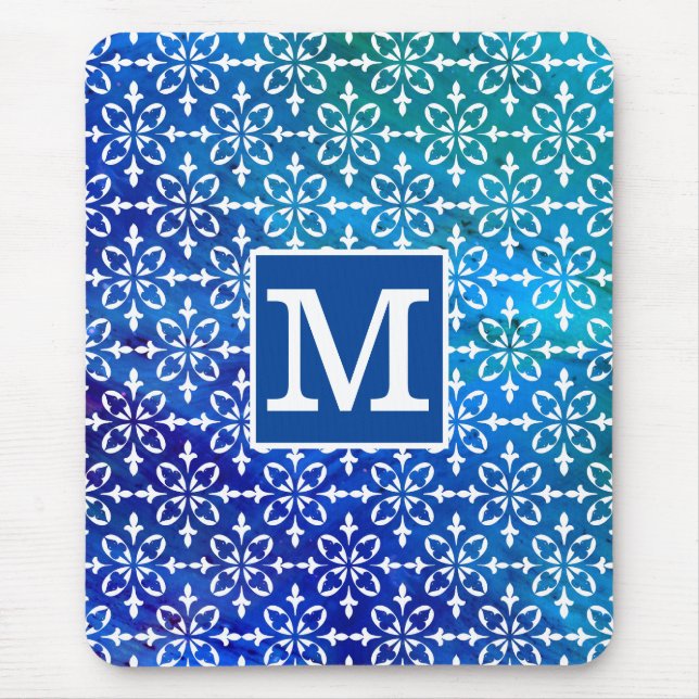 Classic Monogram Blue Chem 4 Floral Damask Mouse Mat (Front)