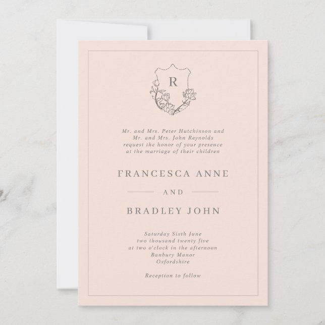 Classic Monogram Blush Jasmine Crest Wedding Invitation (Front)