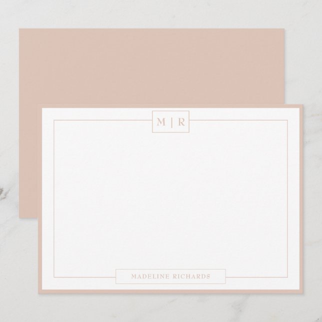 Classic Monogram Boho Beige Border Stationery Card (Front/Back)