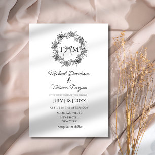 classic monogram botanical floral ribbon wedding invitation