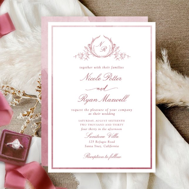 Classic Monogram Burgundy Watercolor Wedding Invitation (Creator Uploaded)