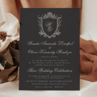 Classic Monogram Charcoal Floral Crest Wedding Invitation