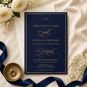 Classic Monogram Cobalt Blue Gold Wedding Invitation