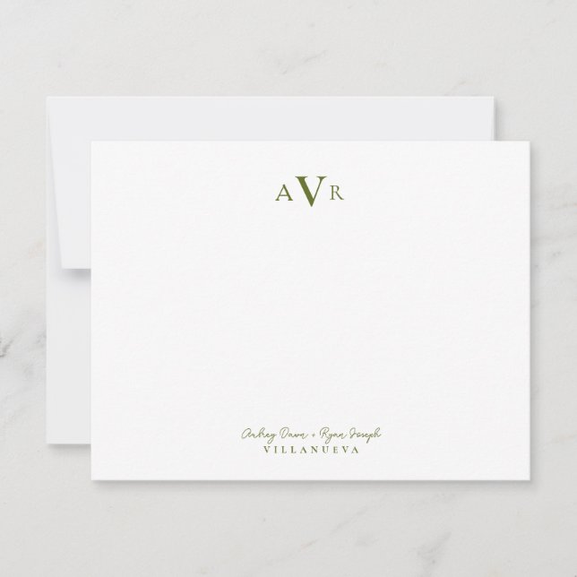 Classic Monogram Couple Olive Green Custom Wedding Card (Front)