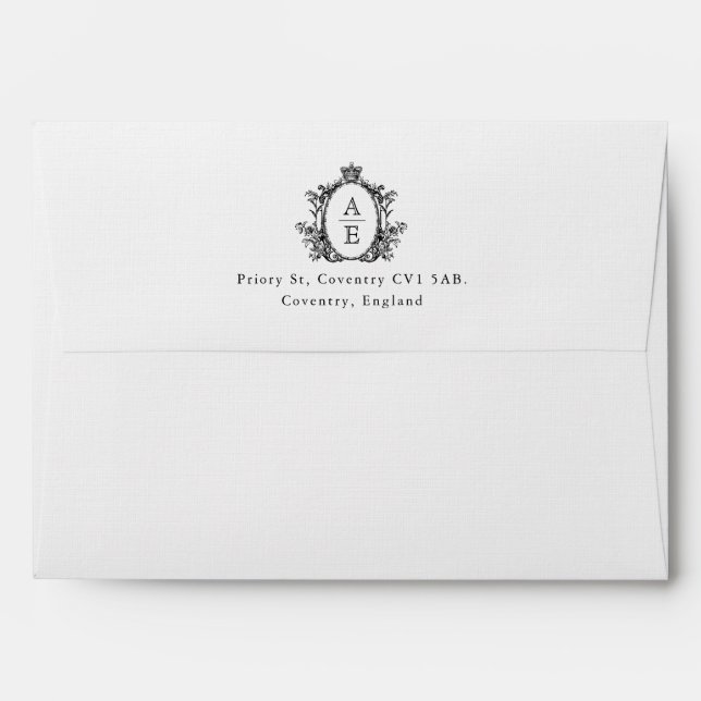 Classic Monogram Crest Black and White Wedding  Envelope (Back (Top Flap))