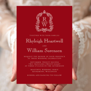 Classic Monogram Crest Cranberry Red Wedding Invitation