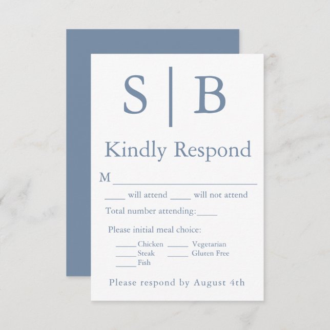 Classic Monogram Dusty Blue Meal Choice RSVP Card (Front/Back)