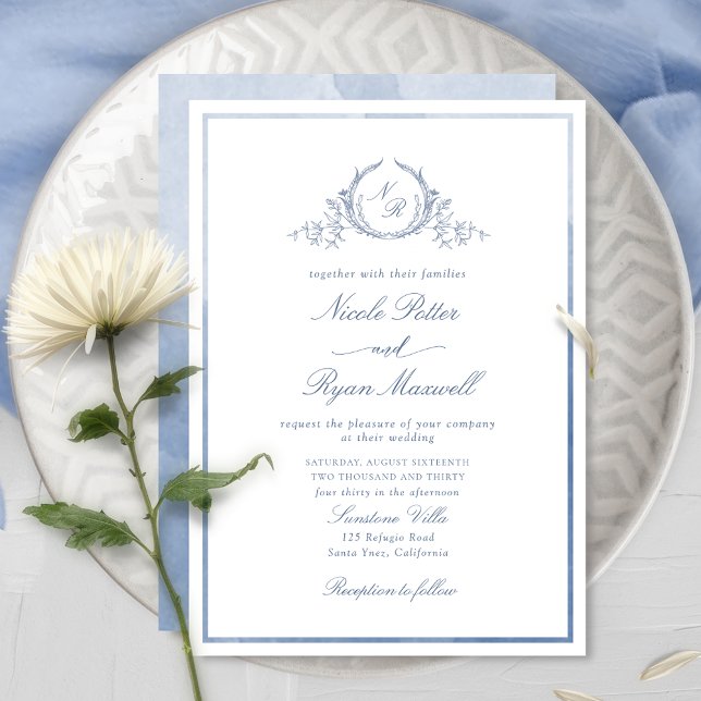 Classic Monogram Dusty Blue Watercolor Wedding Invitation (Creator Uploaded)