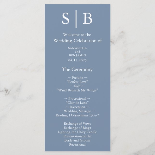 Classic Monogram Dusty Blue Wedding Programme (Front)