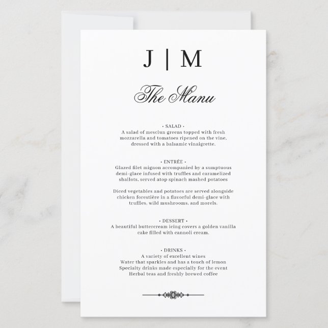 Classic Monogram Elegant Wedding Menu (Front)