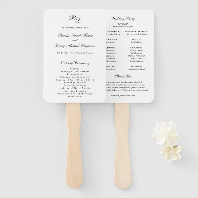 Classic Monogram Elegant Wedding Program Hand Fan (Front and Back)