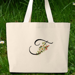 Classic monogram F red white flower mother gift Large Tote Bag