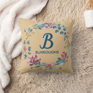 Classic Monogram Family Name Floral Wreath Cushion