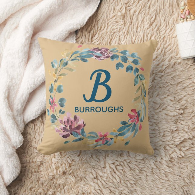Classic Monogram Family Name Floral Wreath Cushion (Blanket)