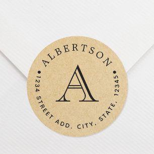 Classic Monogram Family Name Return Address Kraft Round Sticker