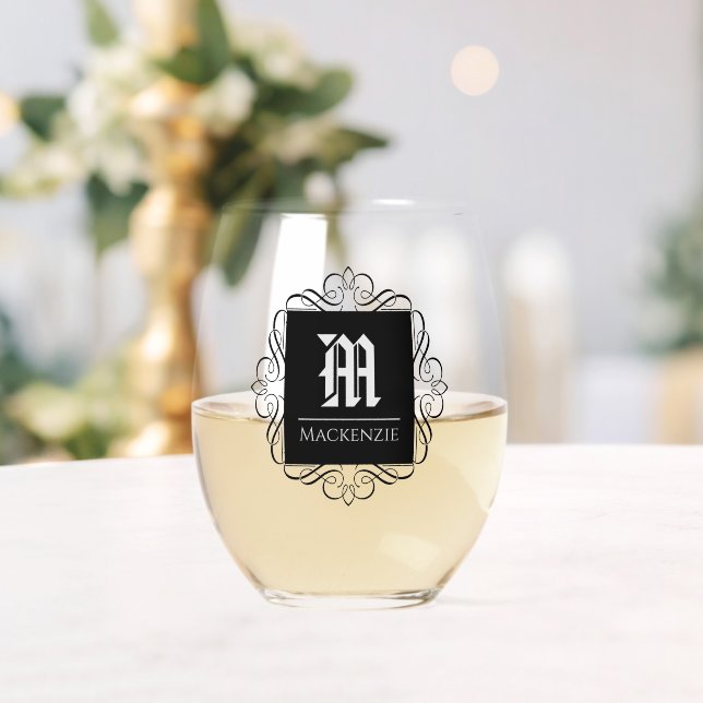 Classic Monogram Fancy Frame Custom Stemless Wine Glass (Insitu (Wedding))