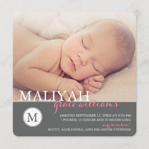 Classic Monogram Girl Birth Announcement / Rose