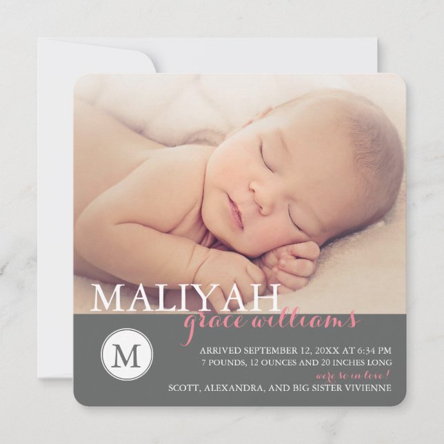 Classic Monogram Girl Birth Announcement / Rose (Front)