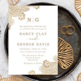 Classic Monogram Gold Lace Ornate White Wedding Invitation