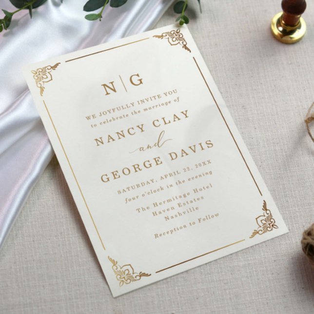 Classic Monogram Gold Ornate Frame Wedding Invitation (Creator Uploaded)