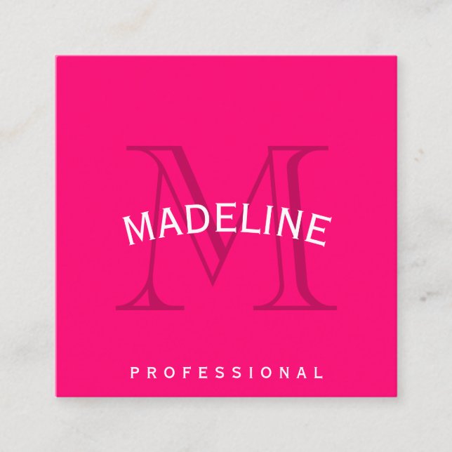 Classic Monogram Hot Pink with Arc Text Square Business Card (Front)