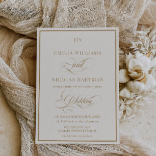 Classic Monogram Ivory Gold Wedding Invitation