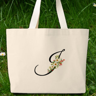 Classic monogram J red white flower mother gift Large Tote Bag