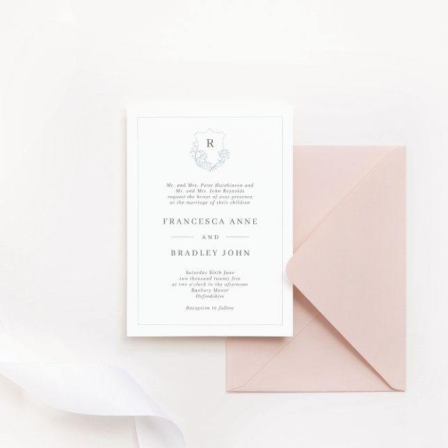 Classic Monogram Jasmine Crest Slate Blue Wedding Invitation (Creator Uploaded)