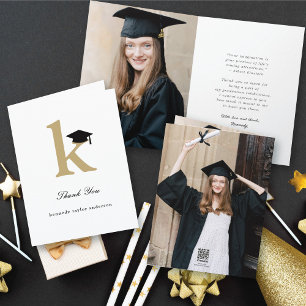 Classic Monogram K Graduation Cap Photo Modern Thank You Card