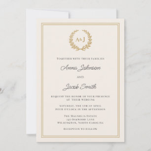Classic Monogram Laurel Wreath with Photo Wedding Invitation