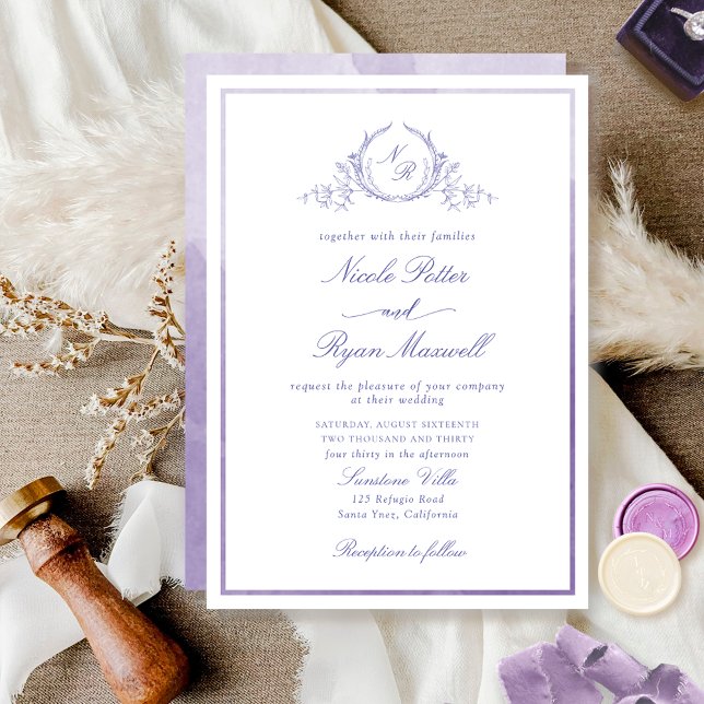 Classic Monogram Lavender Watercolor Wedding Invitation (Creator Uploaded)