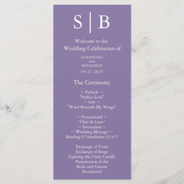 Classic Monogram Lavender Wedding Programme (Front)