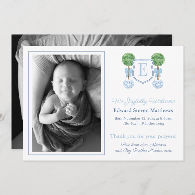 Classic Monogram Light Blue Baby Boy Picture Birth Announcement (Front/Back)