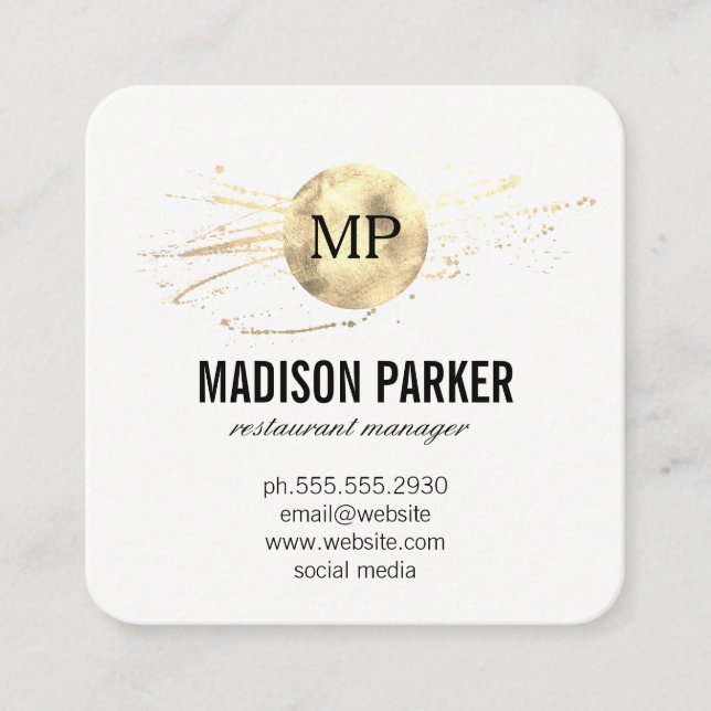 Classic Monogram Luxe Gold Brushed Square Business Card (Front)