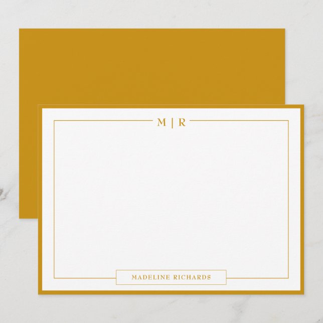 Classic Monogram Mustard Yellow Border Stationery Card (Front/Back)