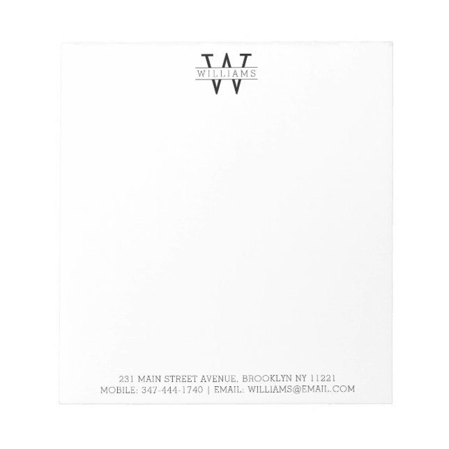 Classic Monogram Name Address Simple Professional Notepad (Front)