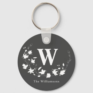 Classic Monogram Name Black White Floral Wreath Key Ring