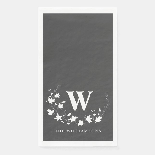 Classic Monogram Name Black White Floral Wreath Napkin (Front)