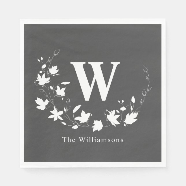 Classic Monogram Name Black White Floral Wreath   Napkin (Front)