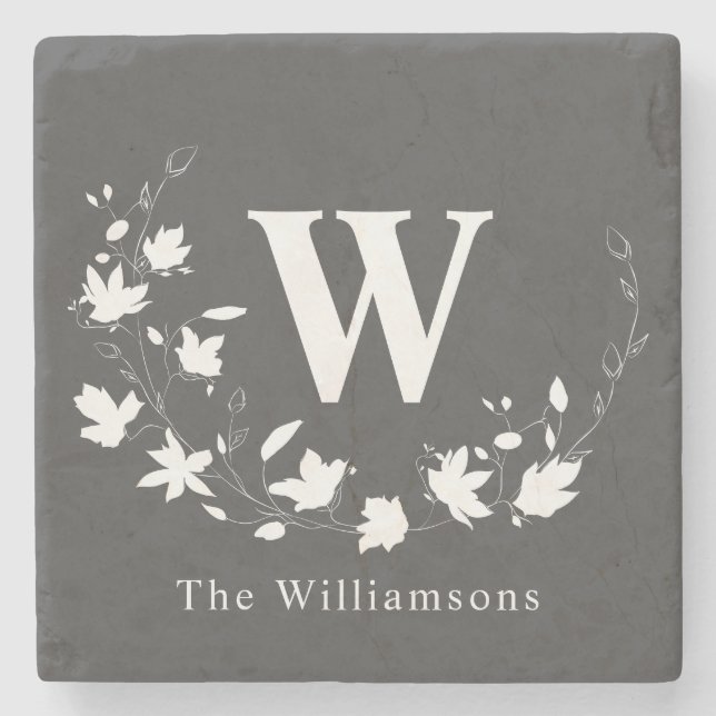 Classic Monogram Name Black White Floral Wreath    Stone Coaster (Front)