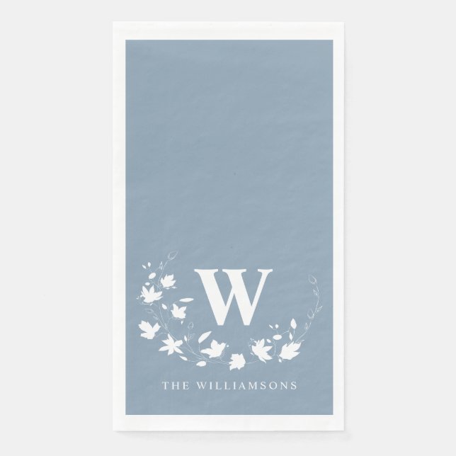 Classic Monogram Name Floral Wreath in Dusty Blue  Napkin (Front)