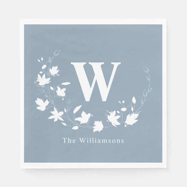 Classic Monogram Name Floral Wreath in Dusty Blue Napkin (Front)