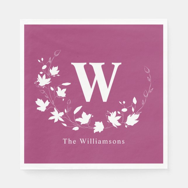 Classic Monogram Name Floral Wreath in Orchid Napkin (Front)