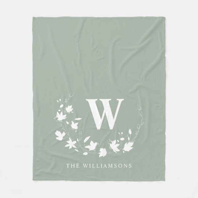 Classic Monogram Name Floral Wreath in Sage Green Fleece Blanket (Front)