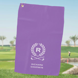 Classic Monogram Name Laurel Wreath Purple Golf Towel