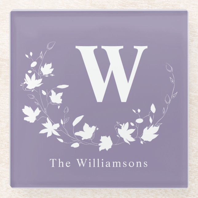 Classic Monogram Name Lilac Floral Wreath Custom Glass Coaster (Front)