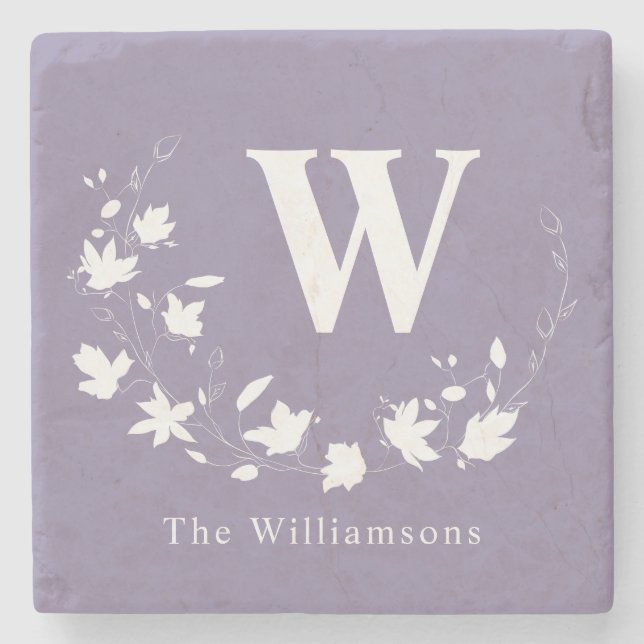 Classic Monogram Name Lilac Floral Wreath Custom Stone Coaster (Front)