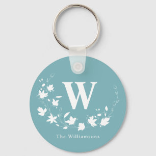 Classic Monogram Name Teal Floral Wreath Custom  Key Ring