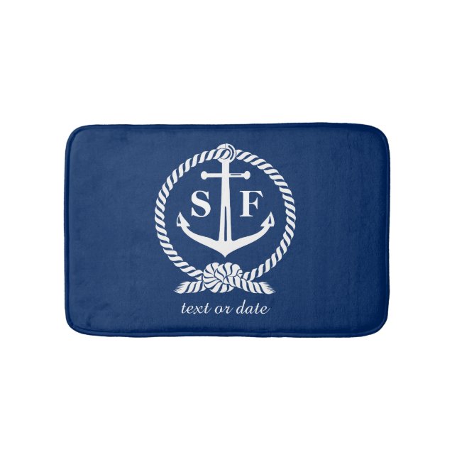Classic Monogram Nautical Blue Anchor Beach Boat Bath Mat (Front)