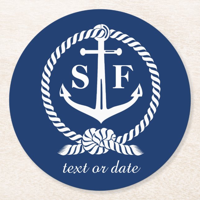 Classic Monogram Nautical Blue Anchor Beach Boat Round Paper Coaster (Front)